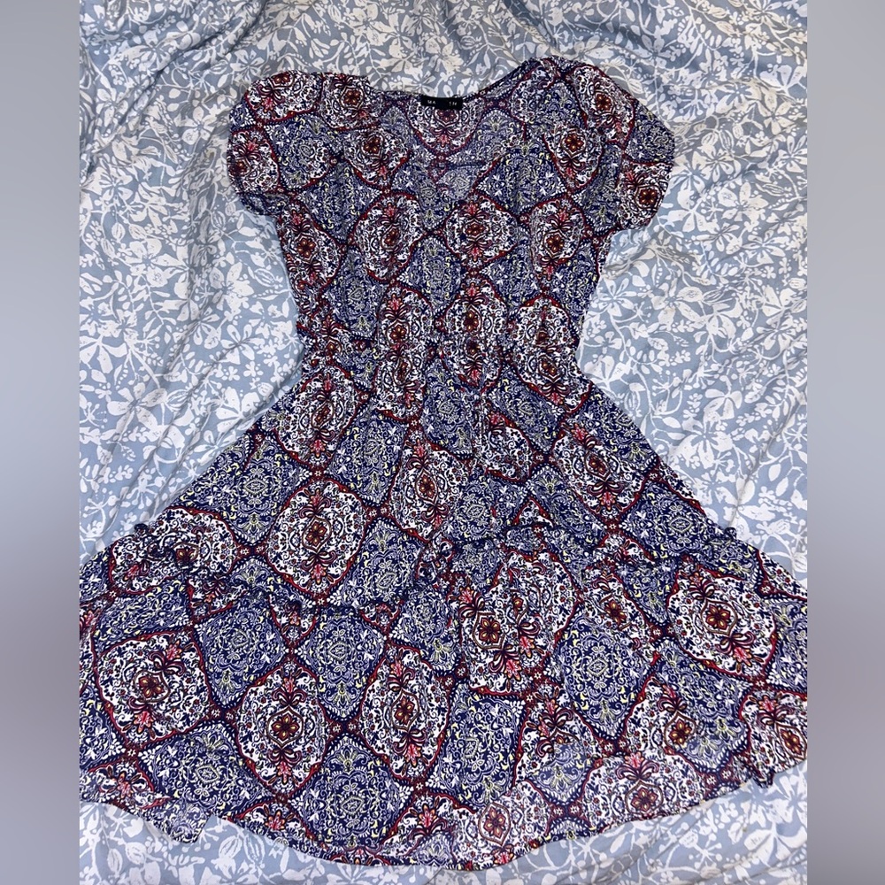 Blue and red patterned mini dress